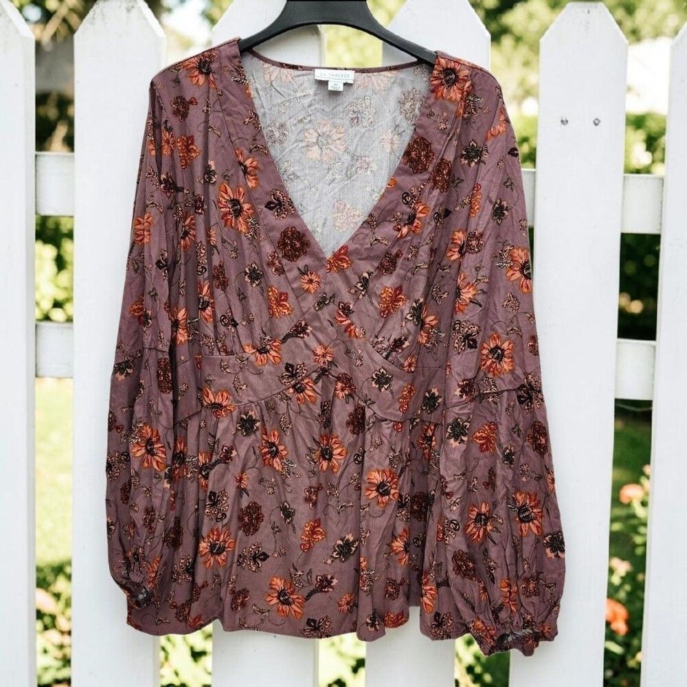 La Threads Peasant Peplum Shirt Womens 4X Floral Long Sleeves Cottagecore Boho